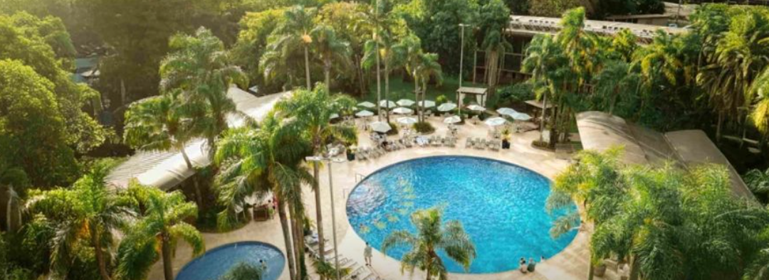 Piscina circular rodeada de palmeiras do Vivaz Cataratas Resort em Foz do Iguaçu