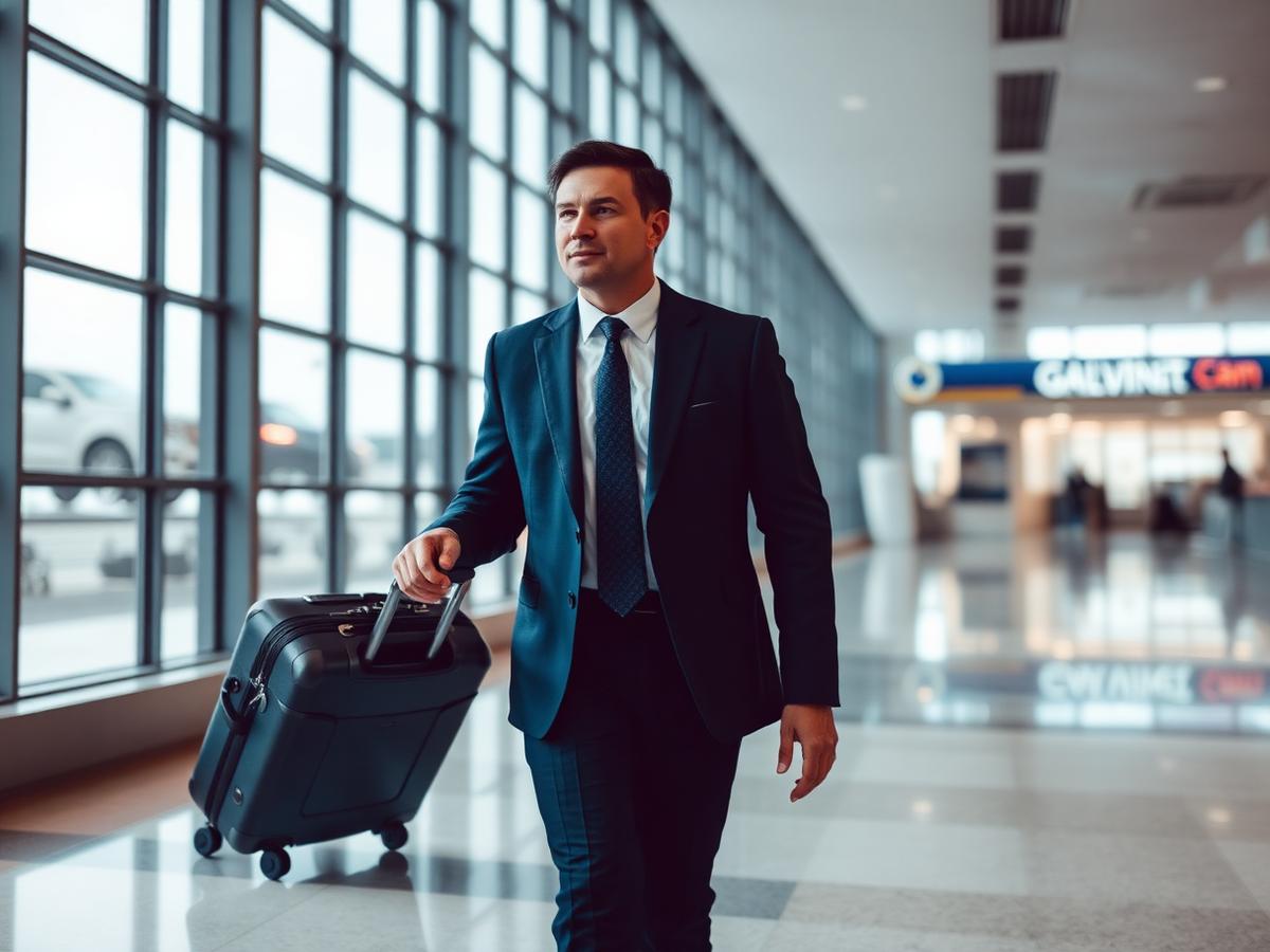Executivo em aeroporto com mala de viagem