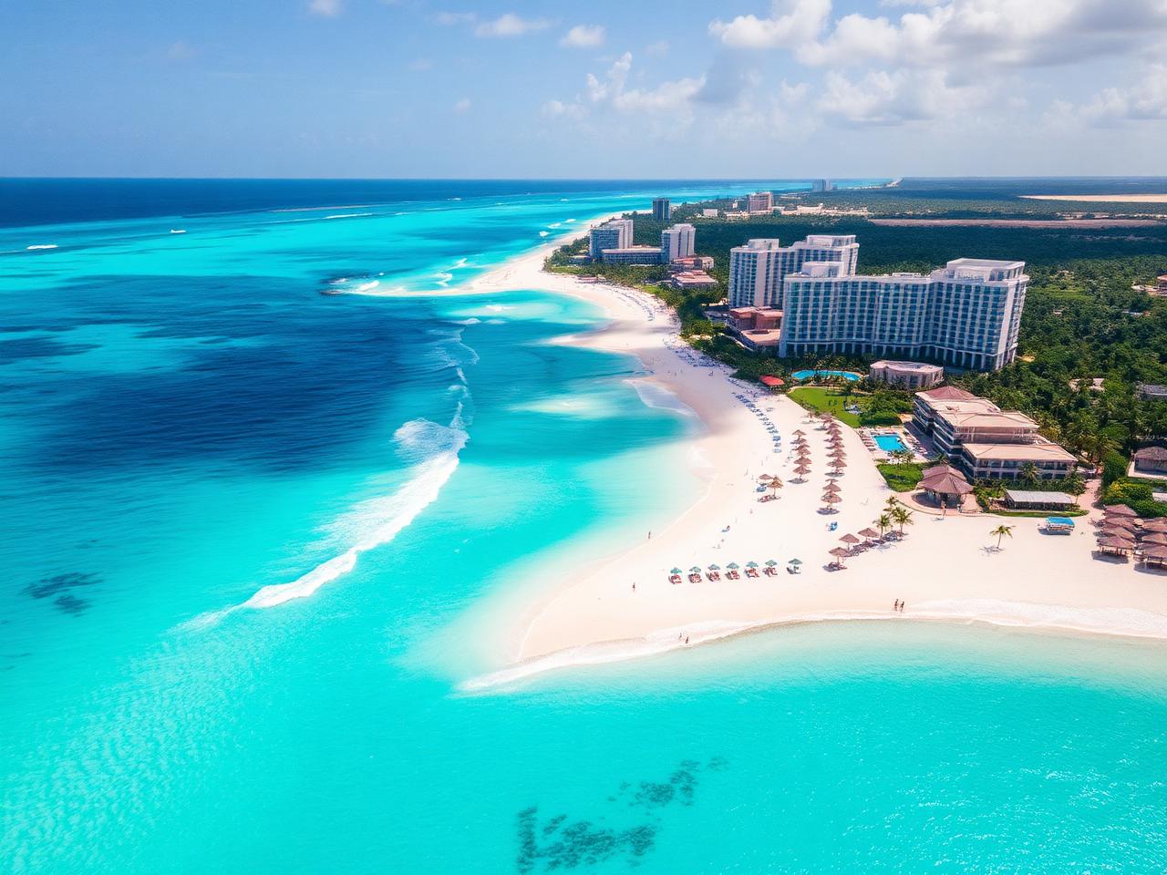 Vista aérea da orla de Cancún com mar turquesa e resorts