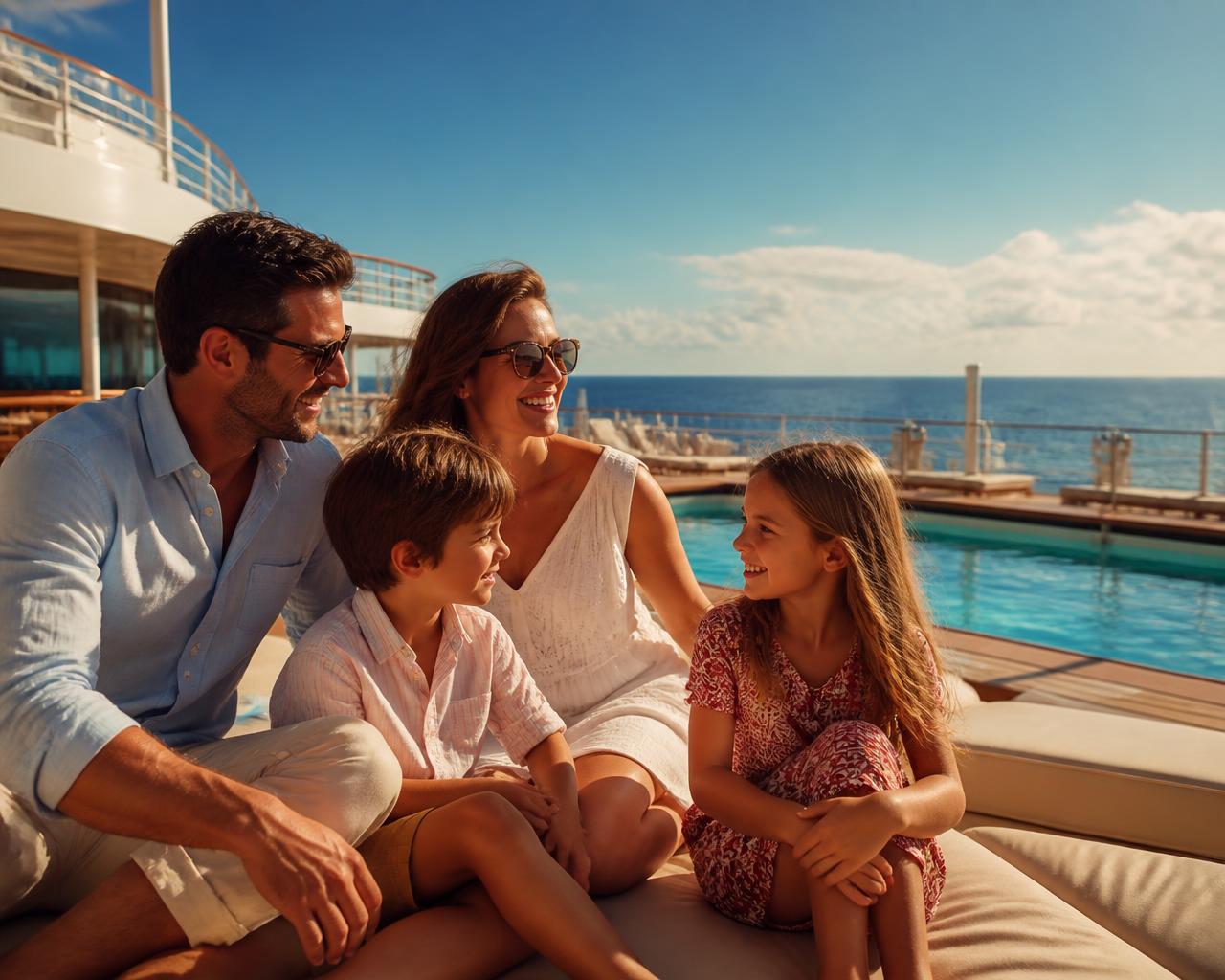Família reunida no deck de piscina de um navio de cruzeiro