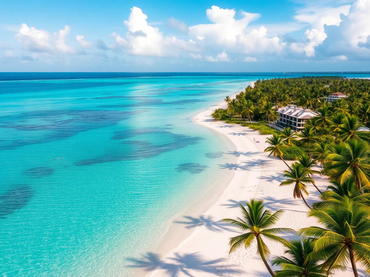 Vista aérea da praia de Punta Cana com mar turquesa e coqueiros