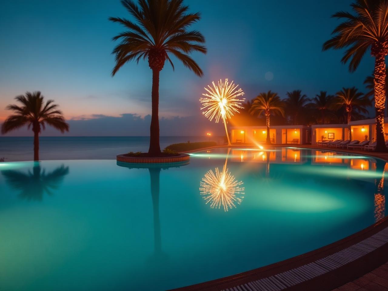 Piscina de resort termal iluminada ao anoitecer com fogos de artifício