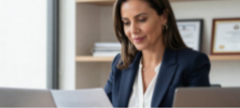 Consultora de viagens corporativas analisando documentos